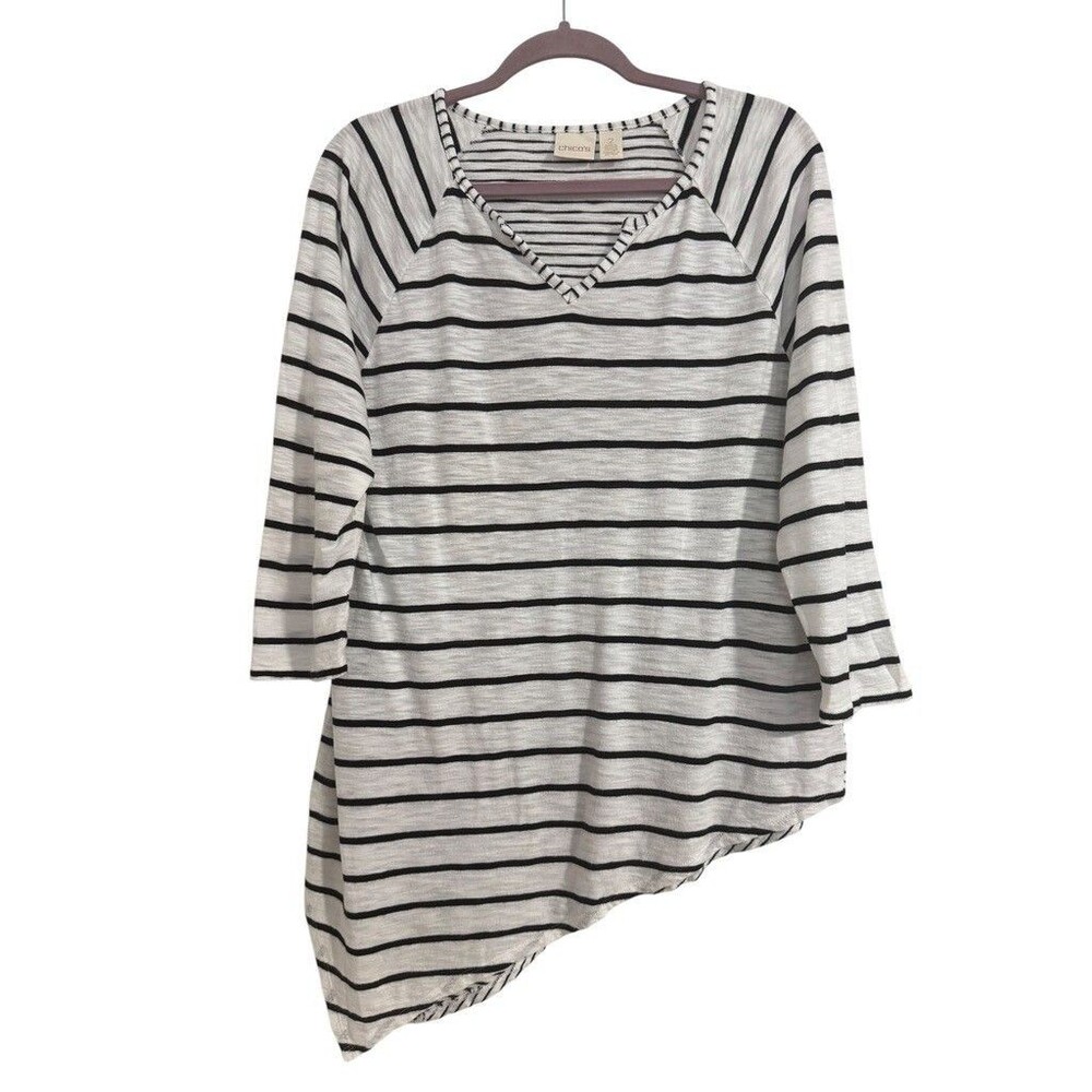 Chico’s Top Women Sz Large Black White Stripe Asymmetrical Hem 3/4 Sleeve Tunic